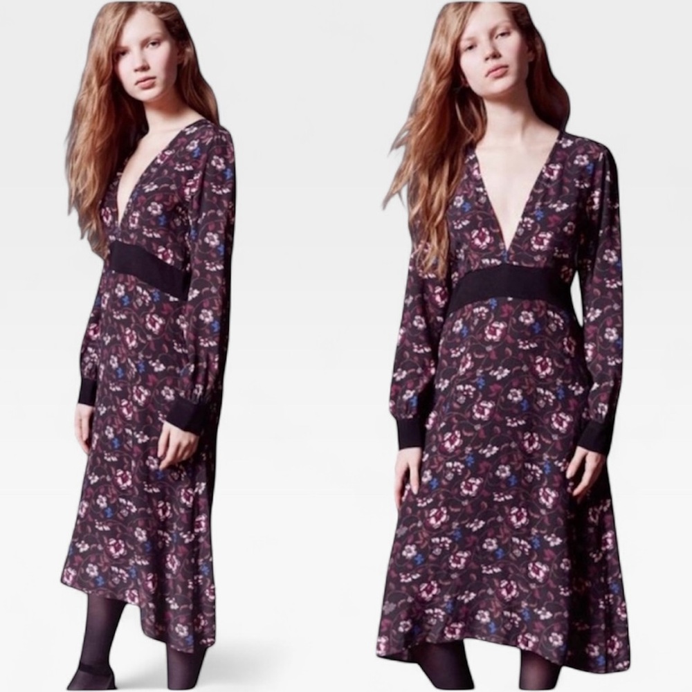 FOR LOVE & LEMONS Floral V-Neck Midi Dress Black Long Sleeve Pink Blue M…